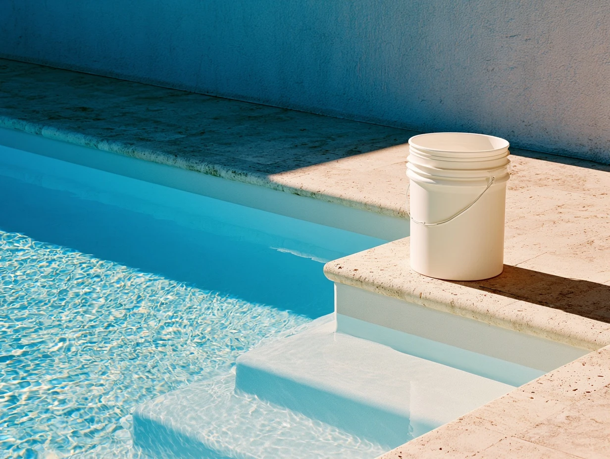 A five gallon bucket on the top step of a Naples pool, still clear water