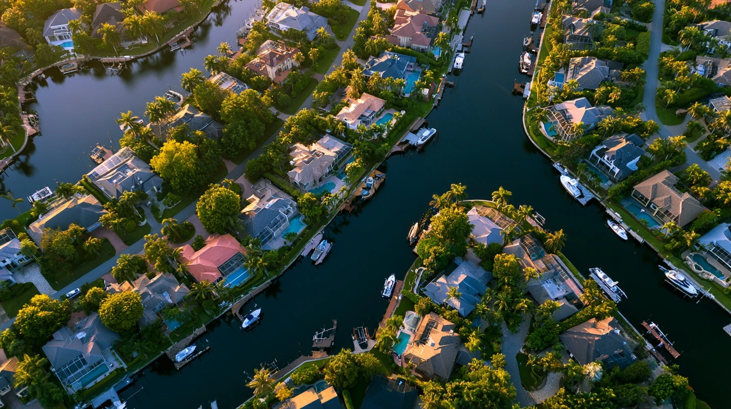 Naples canal-front homes with pools and boat docks at golden hour