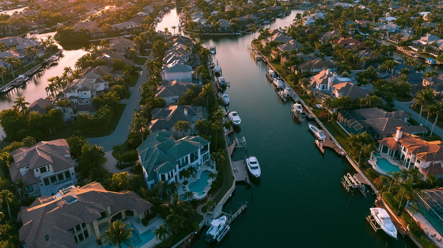 Aerial view of canal-front homes with screened pools in Naples, Florida