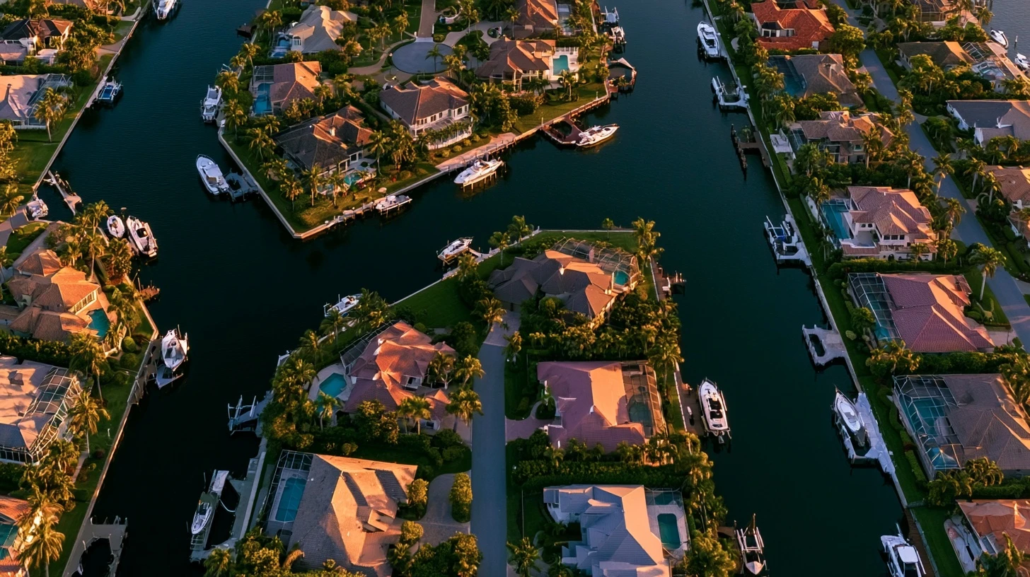 Aerial view of canal-front homes with screened pools in Naples, Florida