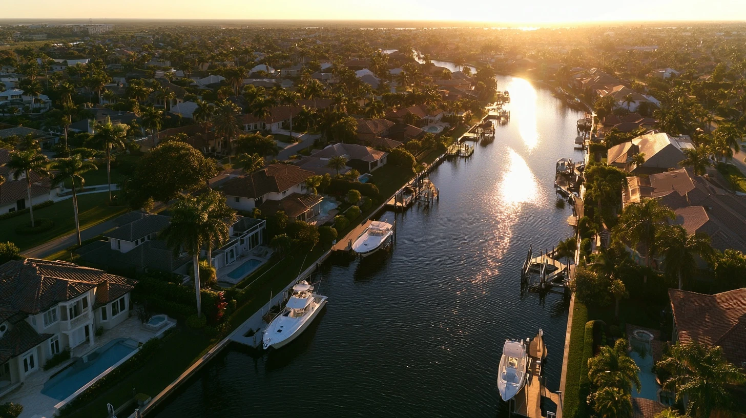 Aerial view of canal-front homes with screened pools in Naples, Florida