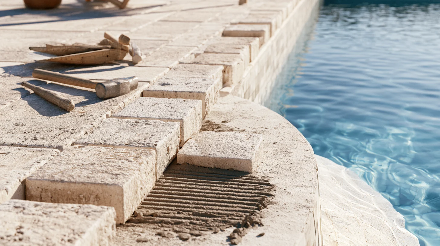 Stone coping being set along the edge of a pool, hand tools resting on the deck