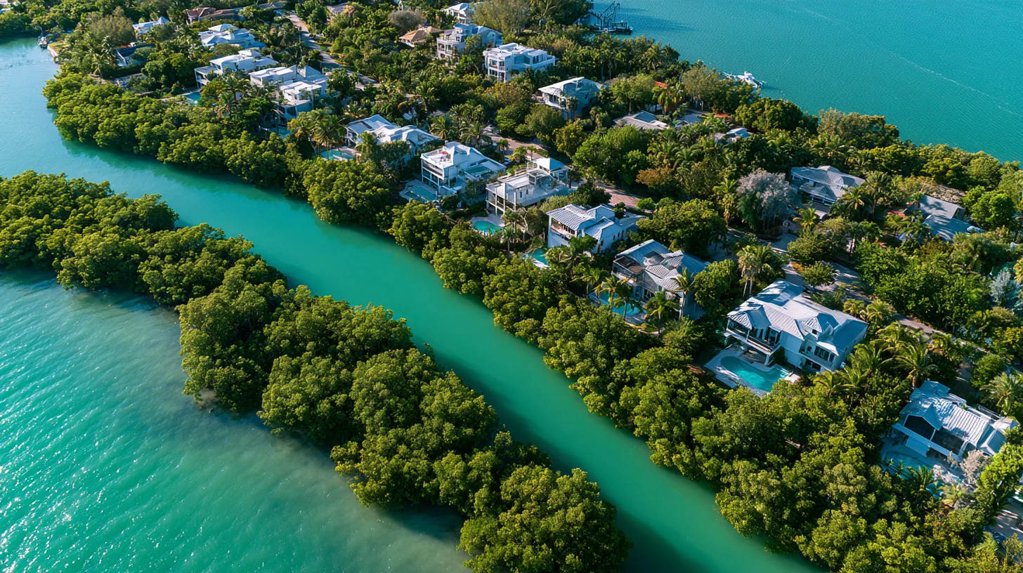 Waterfront homes and pools along a mangrove shoreline in Southwest Florida, from the air