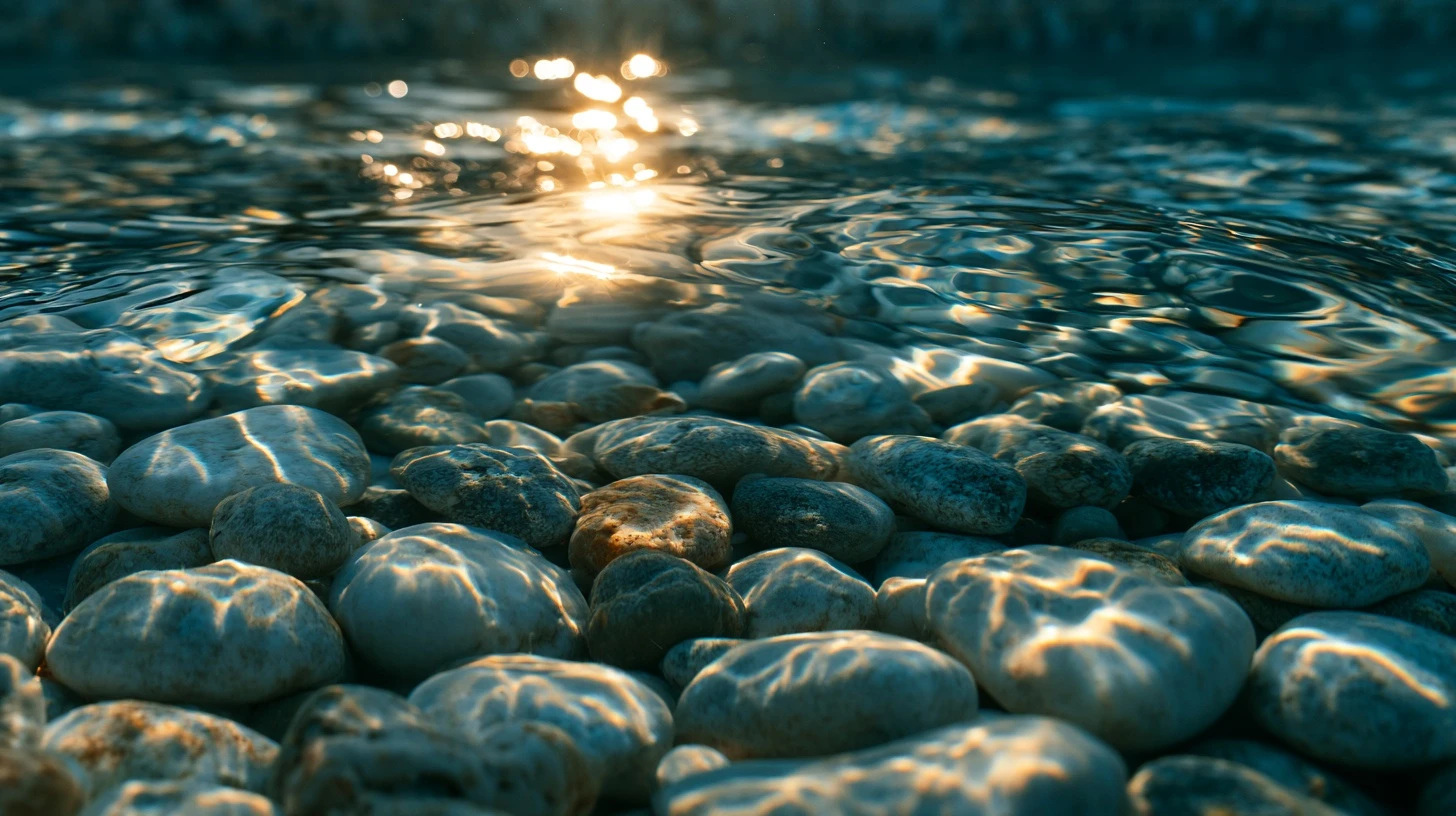 Sunlight caustics rippling across a pebble pool interior underwater