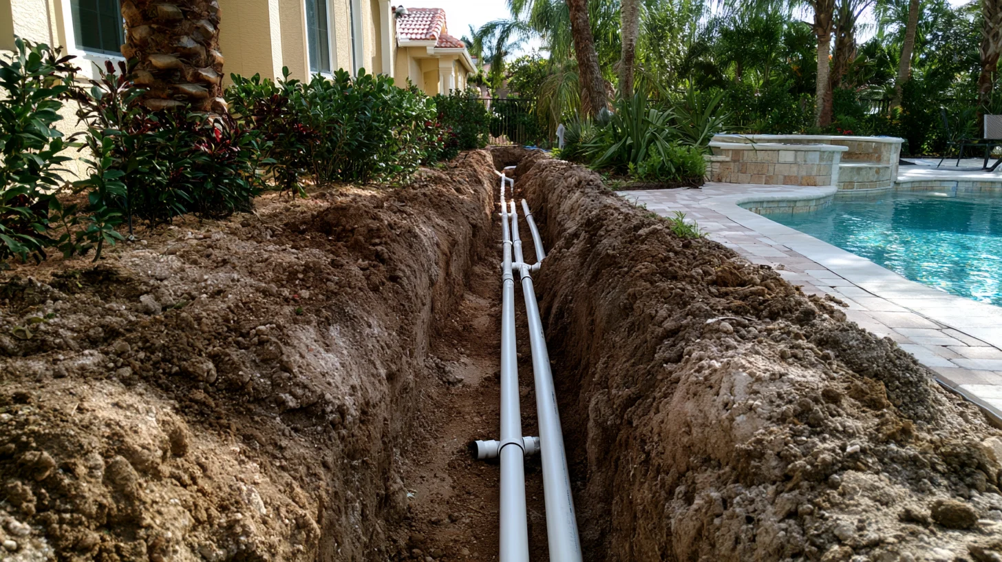 An open trench beside a Southwest Florida pool deck with pool plumbing lines exposed