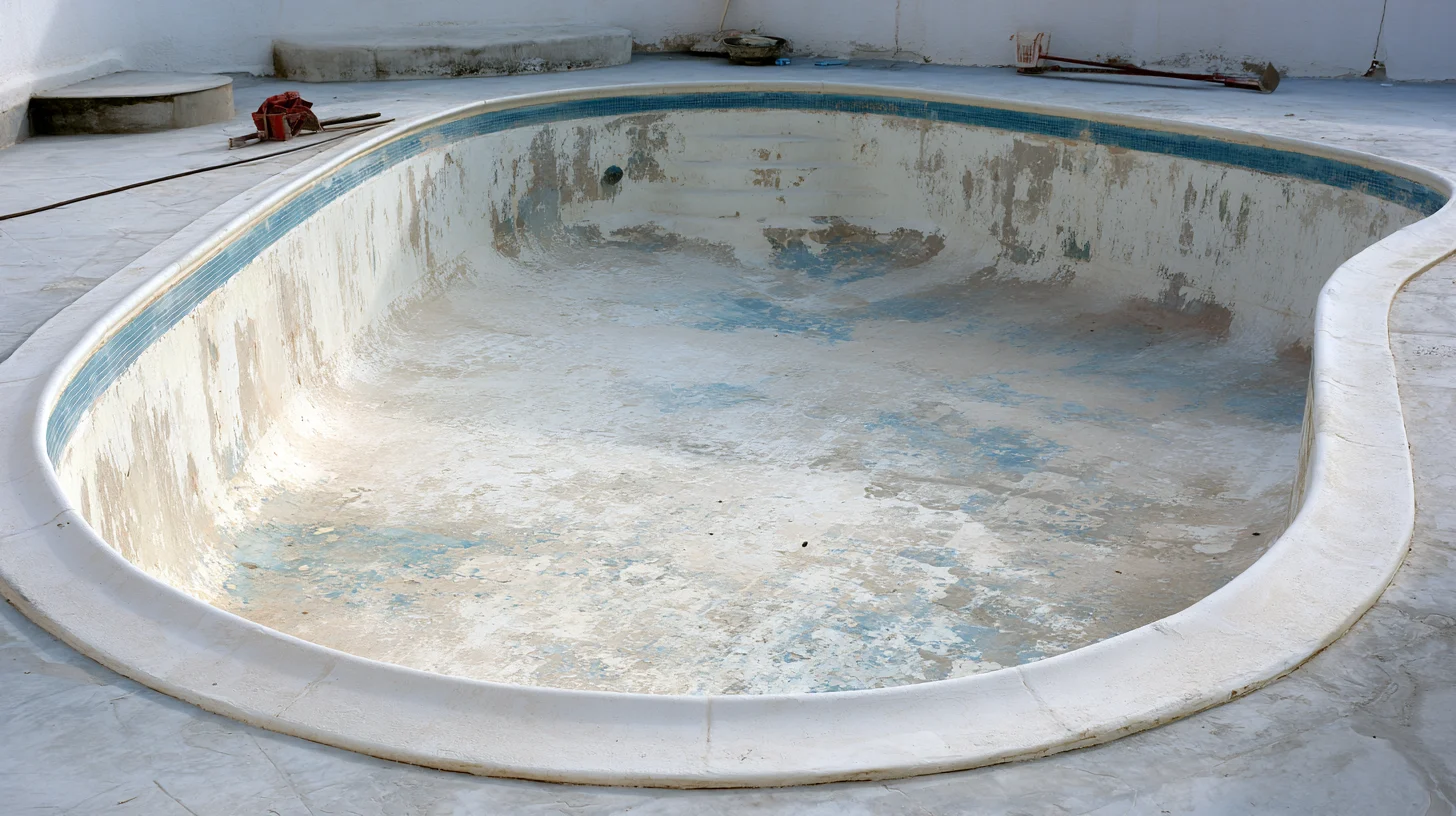 An emptied pool shell with worn interior finish, prepared for resurfacing work