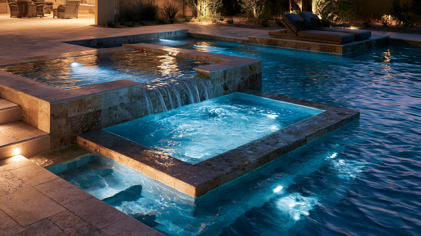 Water spilling from a raised spa into a lit pool after dark