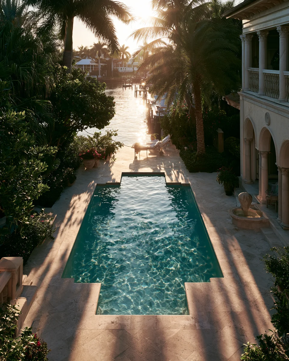 Loungers on a travertine pool deck beside a canal in Southwest Florida