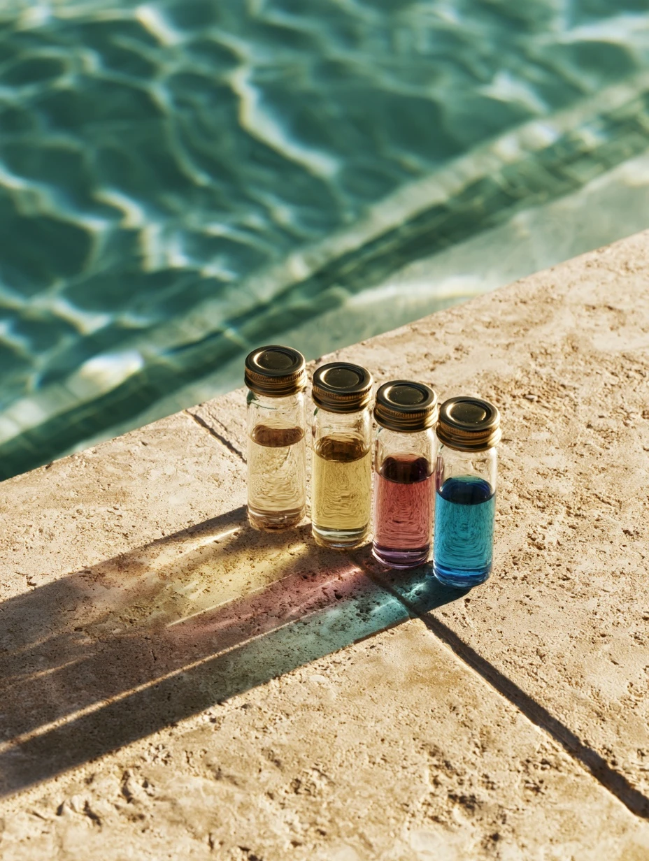 Pool water test vials on travertine coping beside a swimming pool