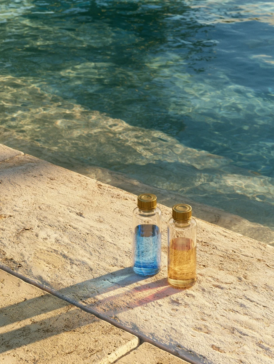 Pool water test vials on travertine coping beside a swimming pool