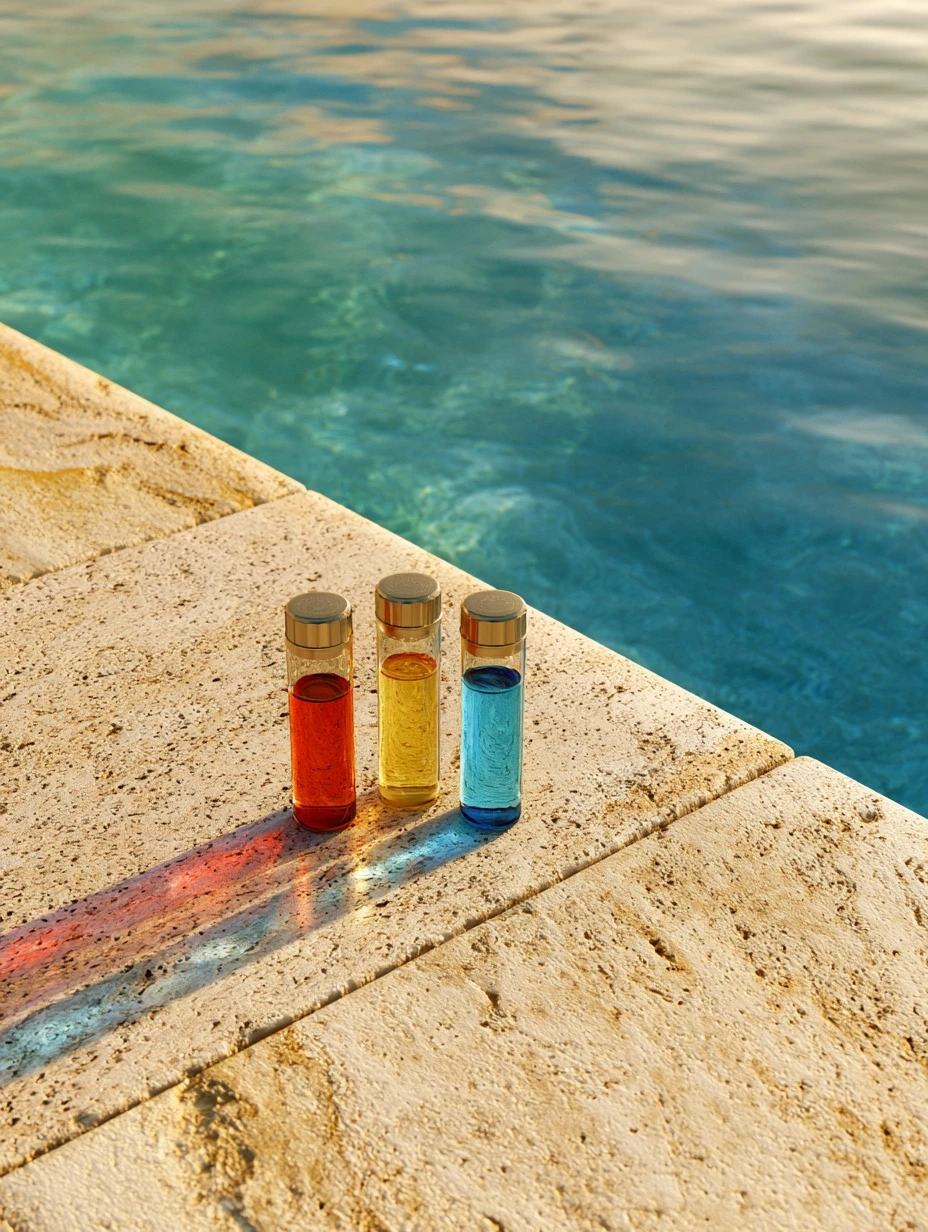 Pool water test vials on travertine coping beside a swimming pool