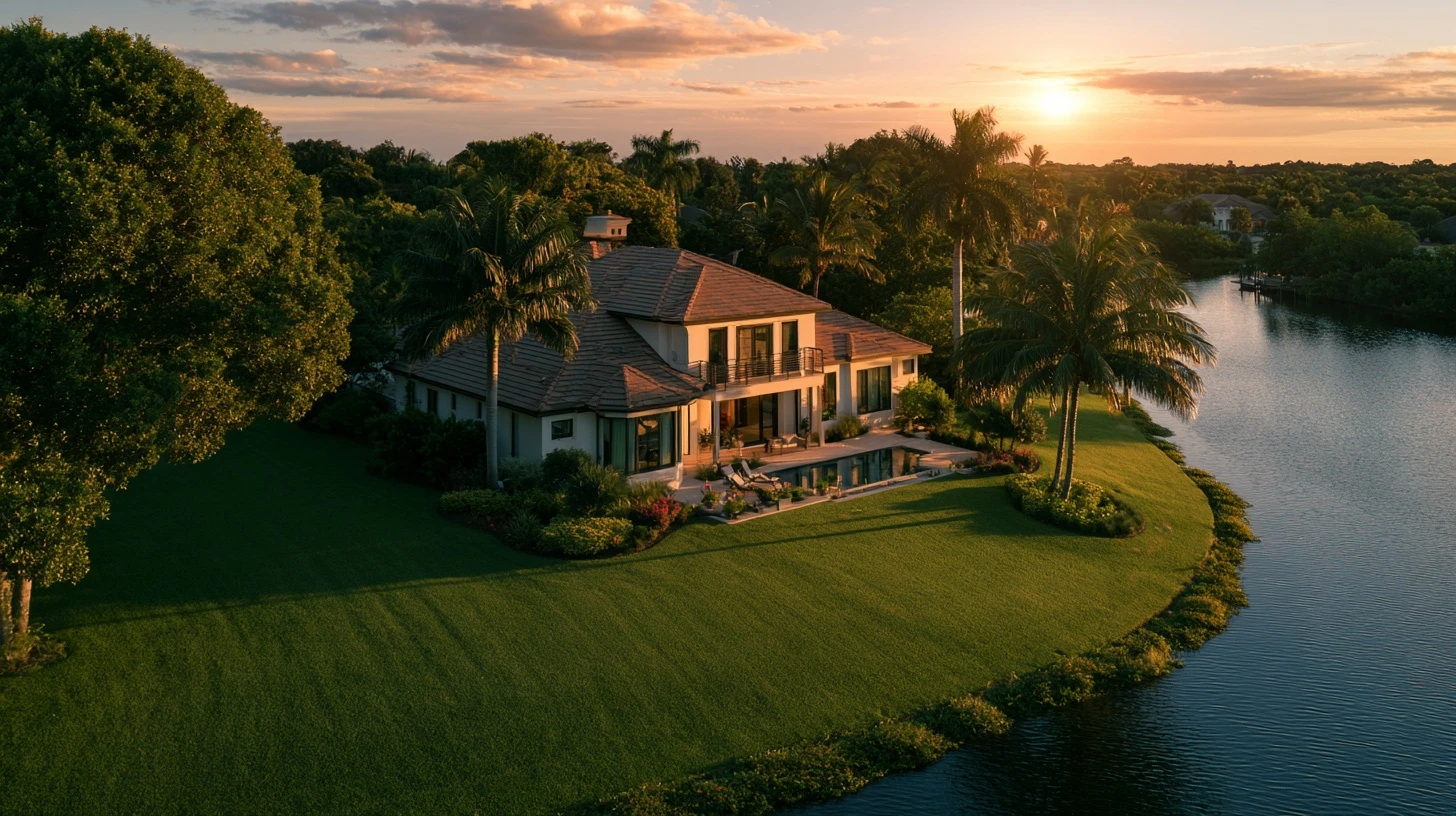 Aerial look down over a Southwest Florida waterfront home and pool