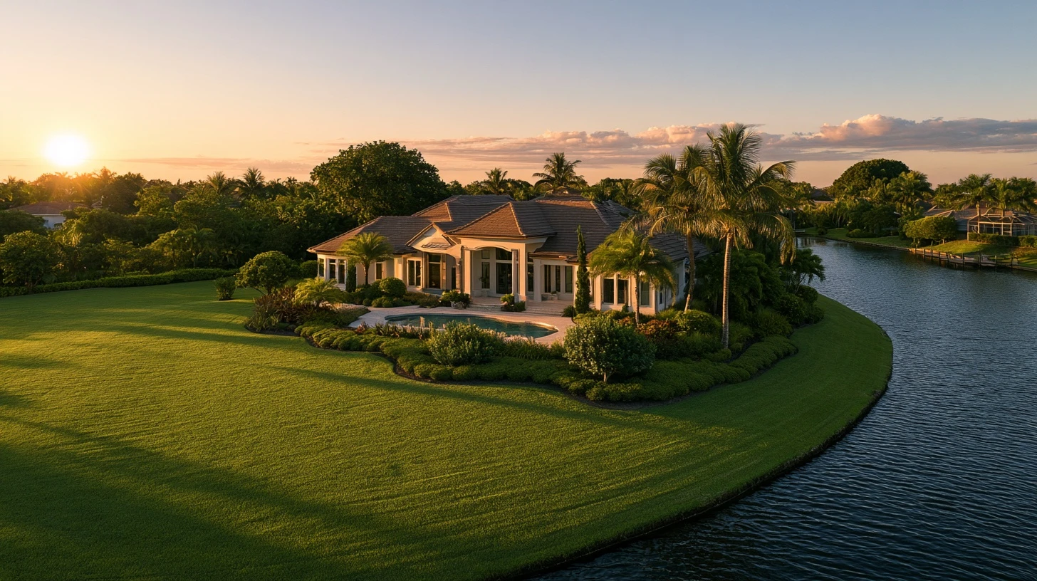 Waterfront Naples home with a swimming pool seen from above at sunset