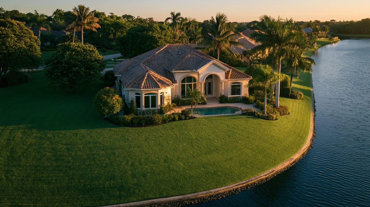 Waterfront Naples home with a swimming pool seen from above at sunset