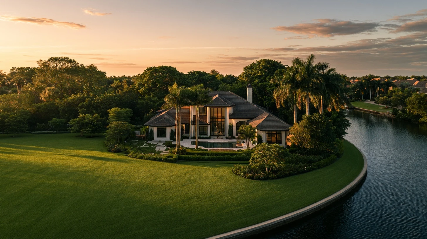 Waterfront Naples home with a swimming pool seen from above at sunset
