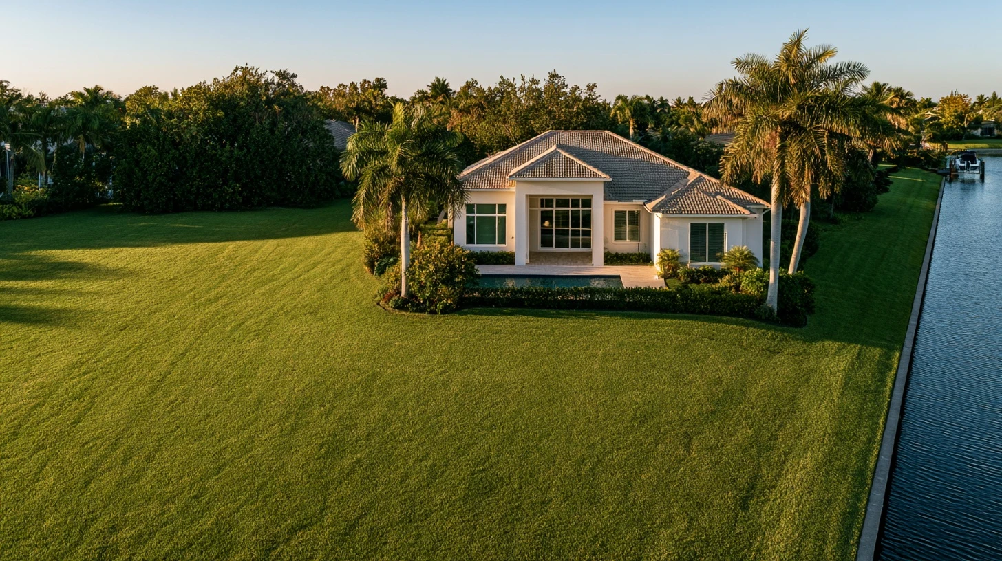 Aerial over a Naples canal-front home and its lawn at golden hour