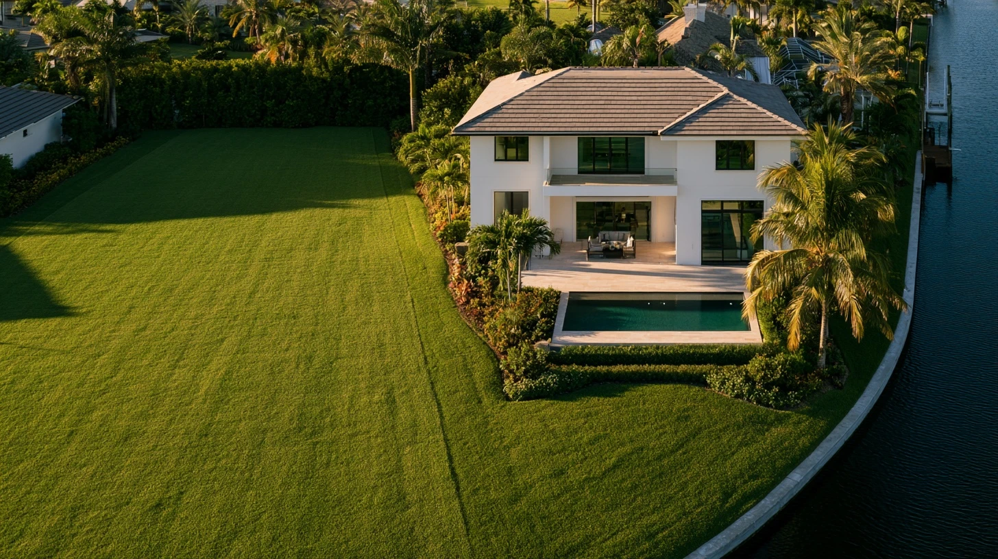 Overhead view of a swimming pool and deck beside the water